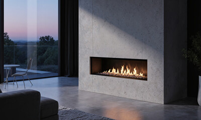 Fototapeta premium Fireplace modern concrete wall with linear gas flames in a minimalist living room overlooking a serene dusk landscape from a balcony