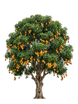Vibrant mango tree laden with many ripe delicious yellow and orange fruits captured in this high quality professional photograph on transparent background