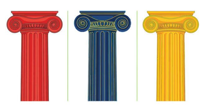 Three Colorful Greek Columns: Red, Blue, Yellow