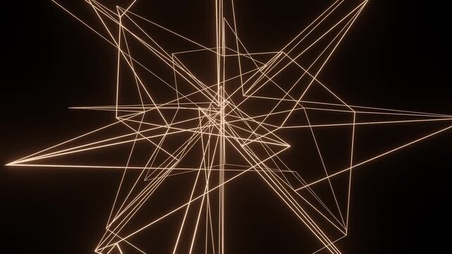 Orange Glowing Geometric Wireframe Rotating and Changing Scale Randomly on Black Background
