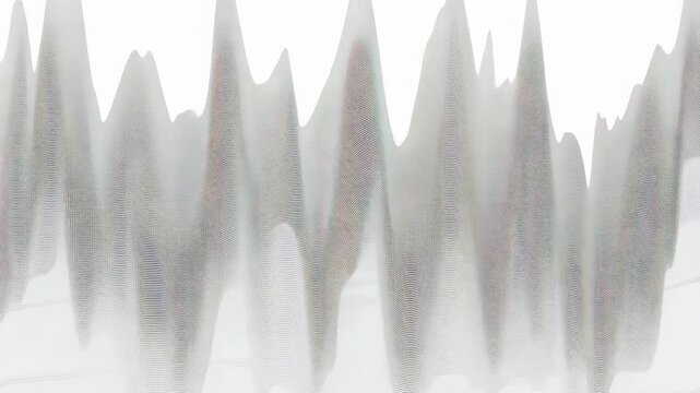Abstract visual representation of sound waves with varying heights and patterns, showcasing a continuous flow of energy and motion in a minimalist white background setting