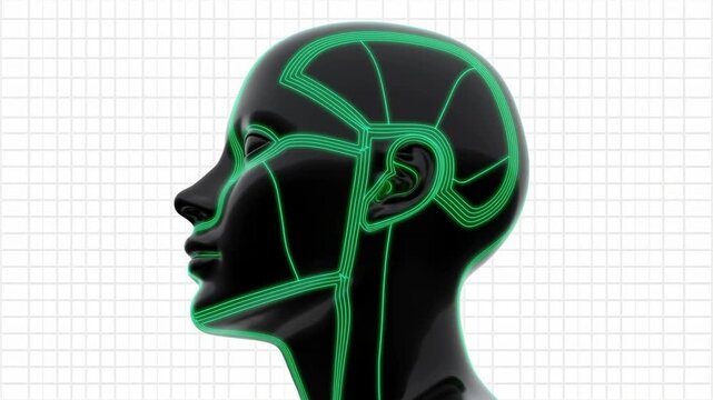 美容整形や次世代技術を象徴するアンドロイドの顔にエメラルドグリーンの回路が起動する背景