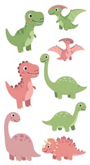 Naklejka premium Several cartoon dinosaurs and a pterosaur are standing together on land