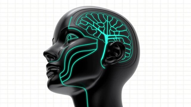 アンドロイドの顔にエメラルドグリーンの回路が起動する精密工業背景