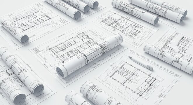 Architectural blueprints and rolled up construction plans scattered on a table with a pen