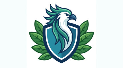 Fototapeta premium Shield logo with stylized bird head and green leaves