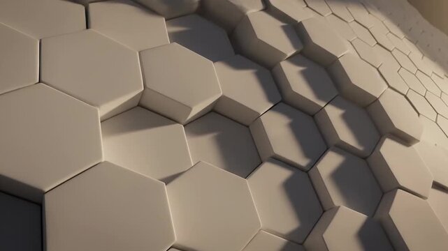 Abstract white hexagonal tiles moving in a wave pattern with soft lighting and subtle shadows, ideal for motion graphic backgrounds and tech themes.