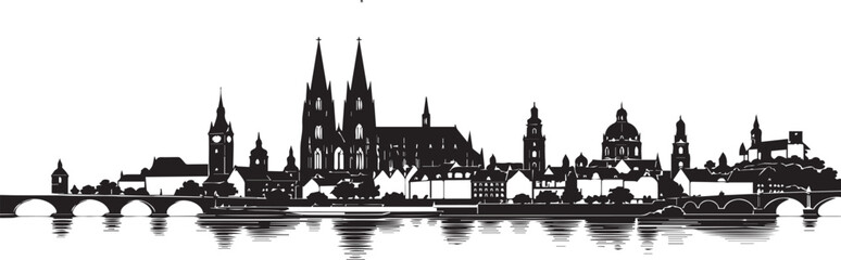 Fototapeta premium Regensburg Germany City Skyline Silhouette Vector Illustration featuring the Historic Stone Bridge Danube River and St Peter's Cathedral Panorama for Travel and Tourism Design Projects.