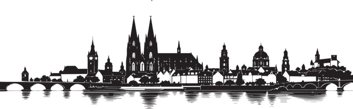 Regensburg Germany City Skyline Silhouette Vector Illustration featuring the Historic Stone Bridge Danube River and St Peter's Cathedral Panorama for Travel and Tourism Design Projects.