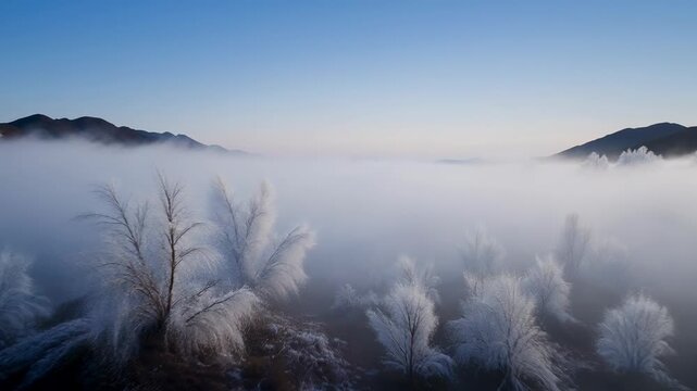 Aerial footage showing rare natural optical phenomena like sun halos and fog rainbows over a frosty, misty mountain landscape at sunrise.