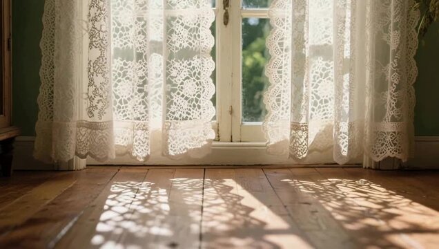 木漏れ日が差し込む窓辺と揺れるレースカーテン / Soft breeze moving white lace curtains with sunlight