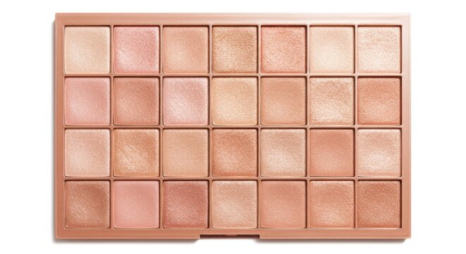 A palette of various makeup shades displayed on a white background for beauty and cosmetics.