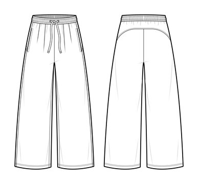 Minimalist Extra Wide Leg Lounge Pants Technical Fashion Illustration. Unisex Sweatpants Vector Template. Front and Back View. Sculpted Back Yoke. Welt Pocket Detail. Elastic Drawstring Waist. CAD Moc