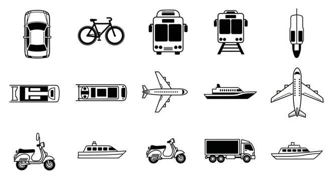 Collection of various transportation vehicles and modes of transport.