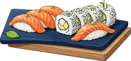 Delicious sushi platter illustration with fresh salmon nigiri and avocado maki rolls served on a traditional wooden board © Bappi