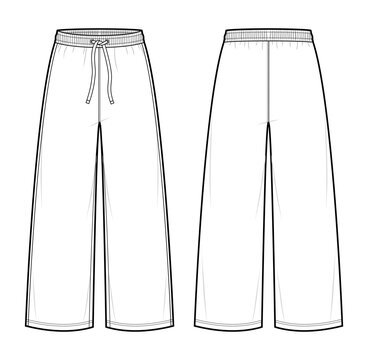 Blank Extra Wide Leg Lounge Pants Technical Fashion Illustration. Unisex Sweatpants Vector Template. Front and Back View. Elastic Drawstring Waistband. French Terry Fabric. CAD Mockup Set.