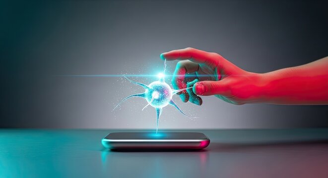 Human hand touching glowing digital neuron hologram on smartphone