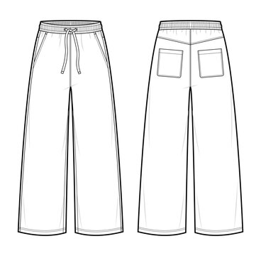 Loungewear pants fashion drawing template. with drawstring waistband, side pockets and back patch pockets. Relaxed wide-leg style. Unisex Sweatpants fashion flat illustration. front, and back view set
