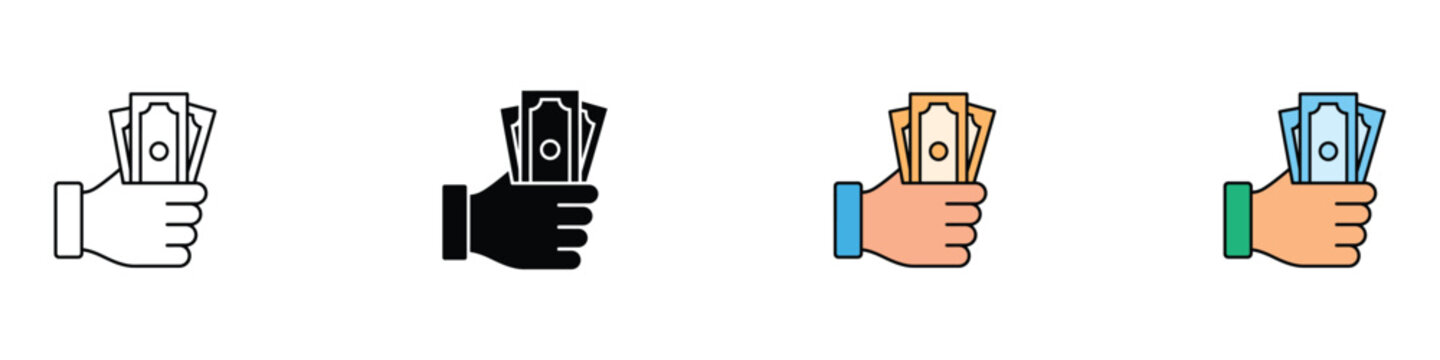 Hand holding cash money notes icon set. Vector illustration of payment, salary, and financial transaction symbols in outline, glyph, and colorful flat styles.