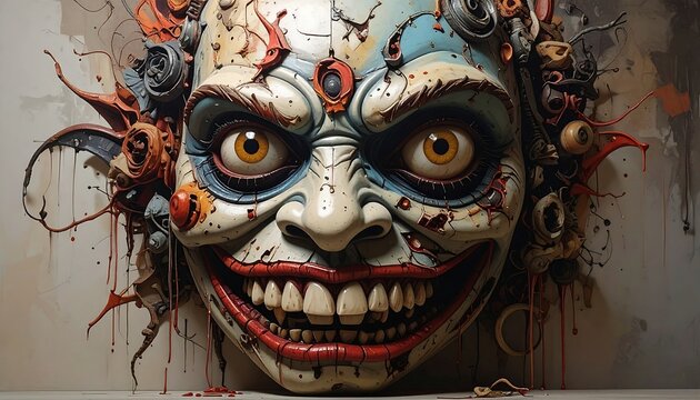 A grotesque clown face with a wide grin and unusual eyes