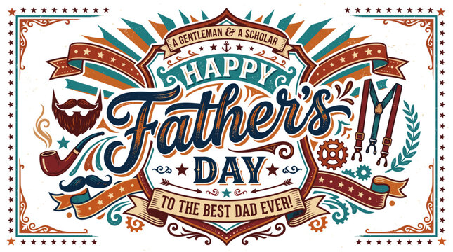 Vintage-inspired Father&rsquo;s Day greeting card vector with retro calligraphy typography, classic decorative elements, and handcrafted badge compositions perfect for posters, apparel, and print products.