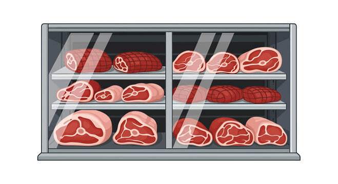 Butcher shop meat display case with various cuts of beef and pork