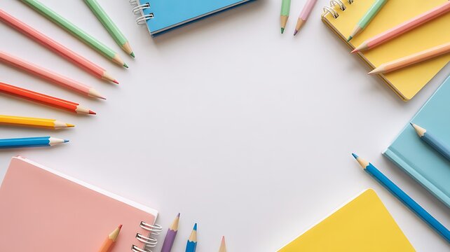 Back to School Flat Lay Background with Colorful Pencils and Notebooks Frame.