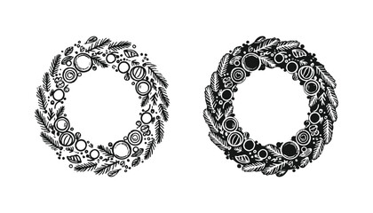 Obraz premium Christmas wreath decorative element set featuring festive pine branches and berries in both outline and solid black vector style for seasonal holiday cards