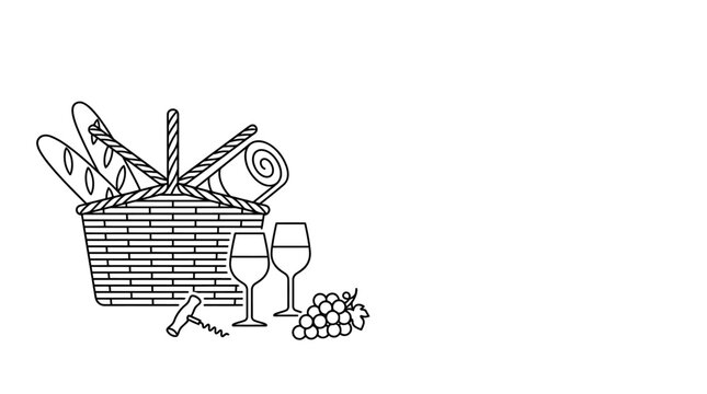 Line art illustration of a picnic basket with bread wine and grapes.