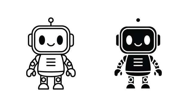 Cute cartoon robot character icon set in outline and solid black vector style for technology and kids apps