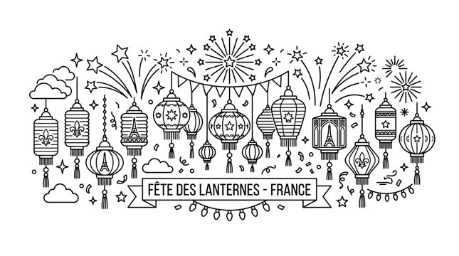 Hand drawn doodle illustration of the French lantern festival with hanging decorative lanterns and fireworks.