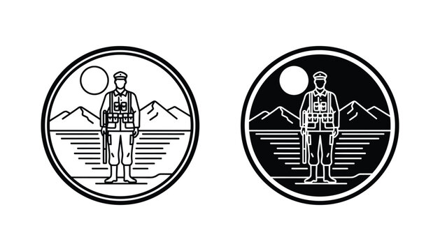 Soldier standing in front of mountains and lake landscape circular badge vector illustration for adventure or military theme