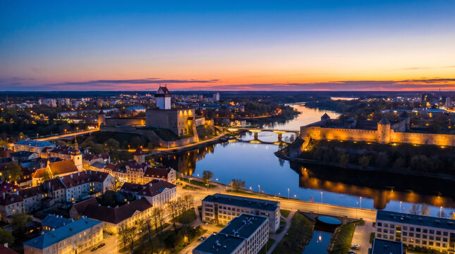 Panoramic aerial view of Narva city at dusk with Narva Castle and Hermann Castle illuminated by lights.