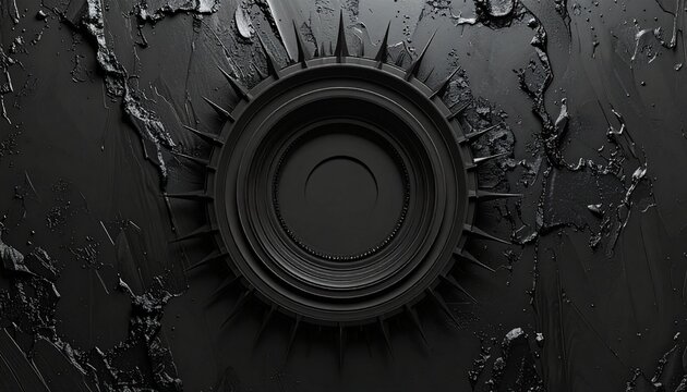 Abstract black gear design with sharp spikes on a textured liquid surface representing industrial innovation and high tech machinery elements.