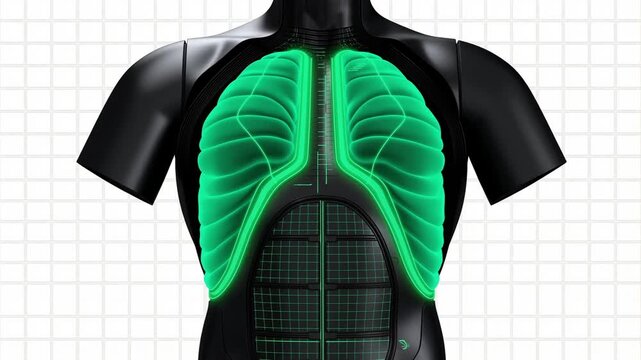 心臓外科ロボットの胸部にエメラルドグリーンの循環器回路が起動する精密工業背景