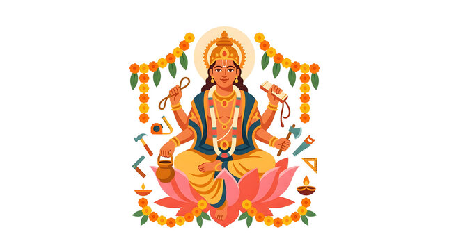 Hindu Goddess Lakshmi with Tools and Marigold Garlands.