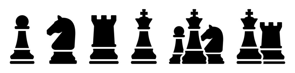 Chess piece icon set featuring pawn, knight, rook, and king in solo and grouped arrangements. Minimalist solid black silhouettes for strategy, leadership, and competition design © LeWen