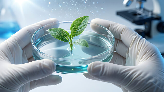 Scientifique tenant une bo&icirc;te de Petri avec une petite pousse verte dans un laboratoire, concept de biotechnologie et de recherche agricole