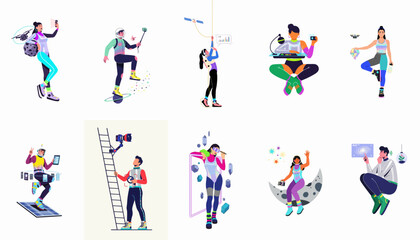Fototapeta premium A collection of futuristic characters and space explorers using advanced technology, drones, and virtual reality for content creation and exploration.