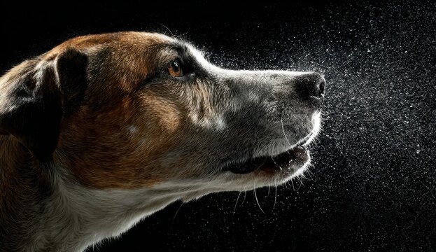 Dog with brown and white fur spitting water from its mouth