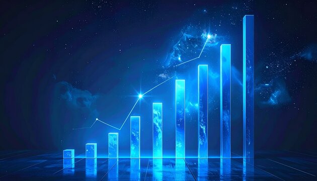 Futuristic blue bar graph showing positive financial growth trend with glowing light effects on a dark space background for data analysis.