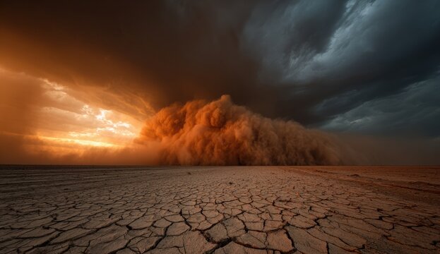 Dramatic apocalyptic desert scene with cracked earth, orange and dark stormy clouds, and a fiery, turbulent sky indicating environmental disaster