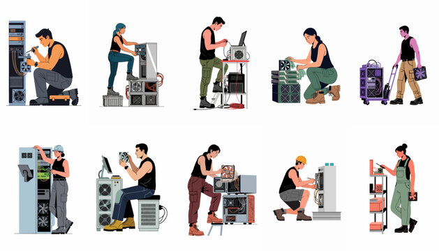 Flat vector illustration set of technicians maintaining and repairing computer hardware, server racks, and cryptocurrency mining rigs in a data center.