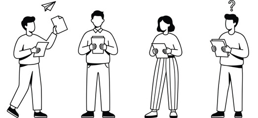 Obraz premium Collection of diverse people holding paper documents and folders representing information management communication and office paperwork in minimalist style