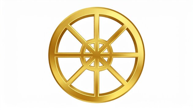 A shiny golden dharmachakra symbol isolated on a clean white background representing spiritual enlightenment and ancient eastern wisdom.