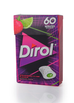 April 27, 2026, Tbilisi, Georgia Dirol X-Fresh Strawberry-Lime Chewing Gum Sugar-Free with Liquid Center - Pack Isolated on White