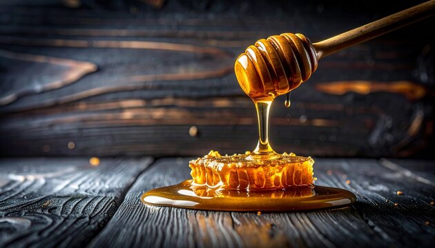 A golden wooden honey dipper drizzling fresh organic liquid honey over a natural wax honeycomb on a dark rustic textured wooden background.