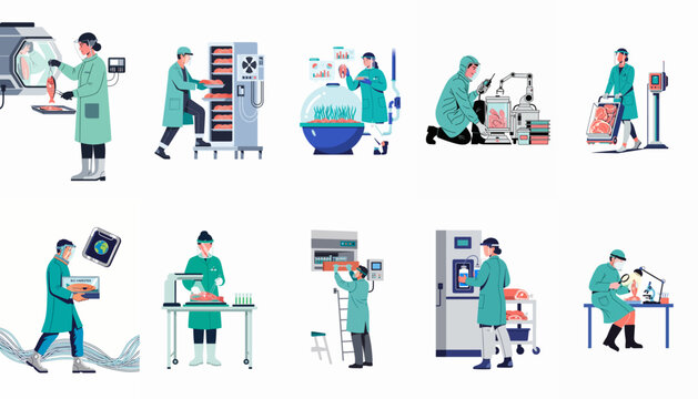 Illustrations of scientists and lab technicians developing cultured meat and plant-based protein in a modern biotechnology laboratory setting.