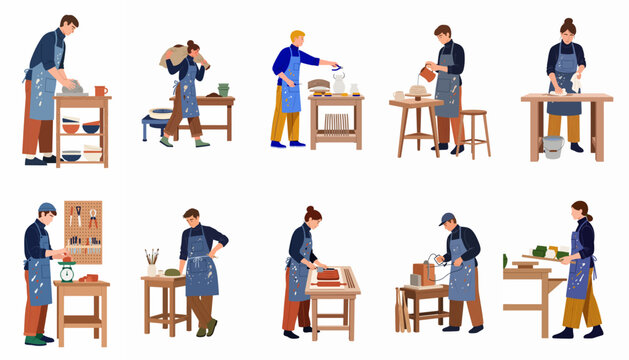 Set of diverse potters working in a ceramic studio, kneading clay, shaping vases, and creating handmade pottery pieces in a flat vector style.