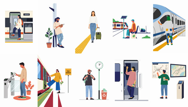 Collection of flat vector illustrations depicting people traveling by train and utilizing sustainable public transportation systems at a modern railway station environment.